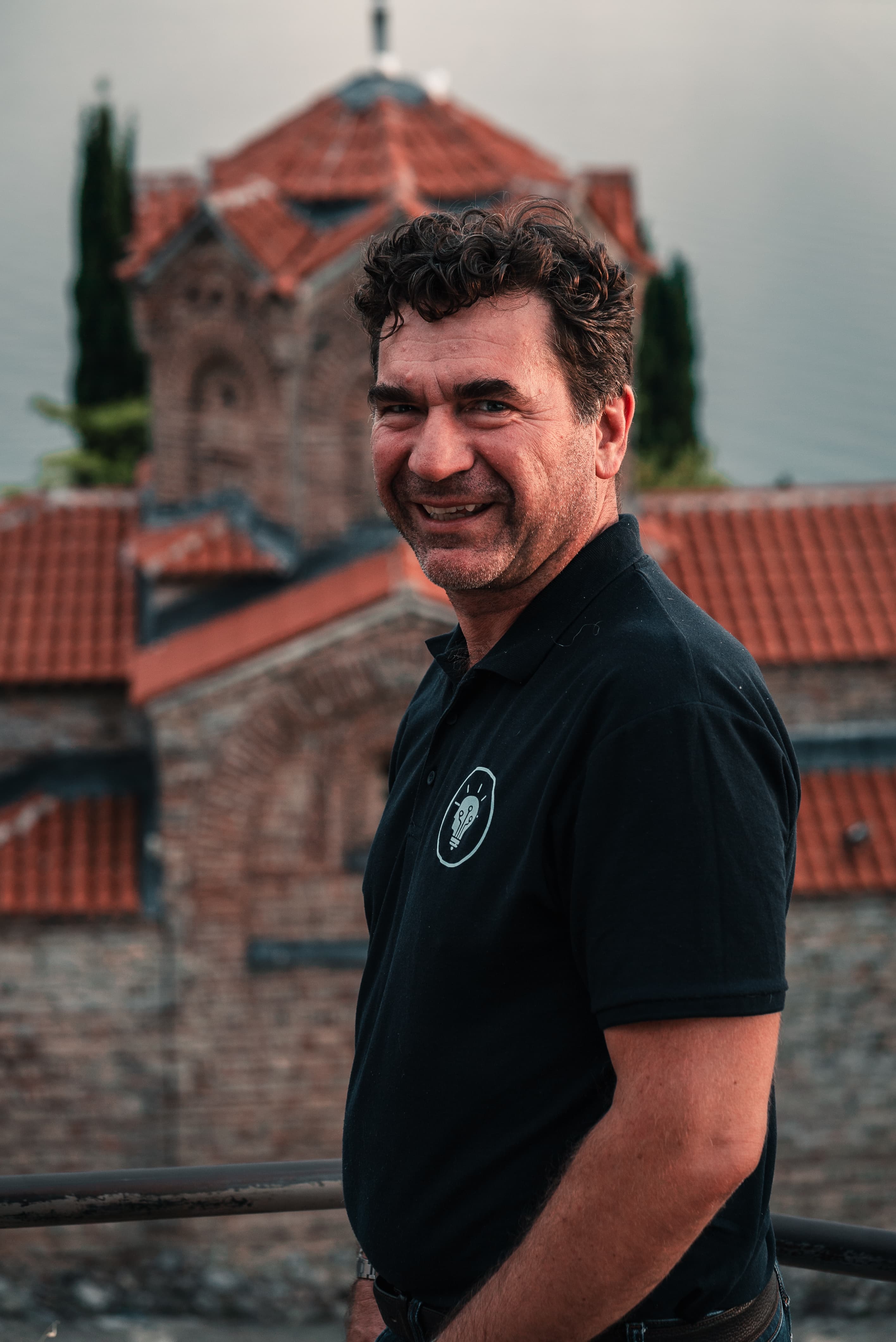 Wolfe Dienser, founder of NoviCogi, in front of the Sveti Jovan church in Ohrid